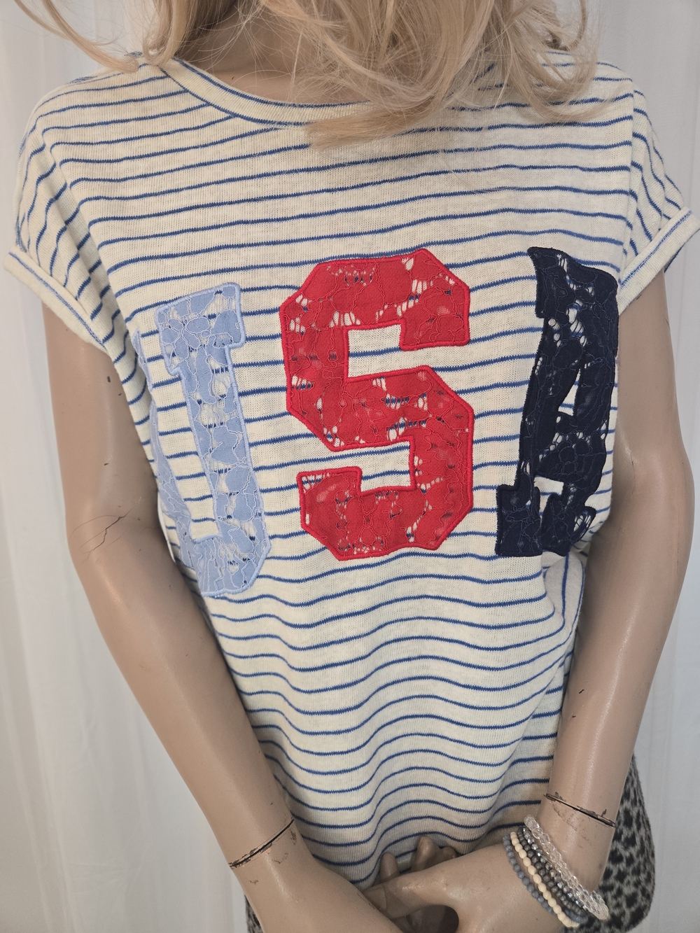 Oversized Striped Sleeveless Top with USA Appliqué. Pristine Condition.